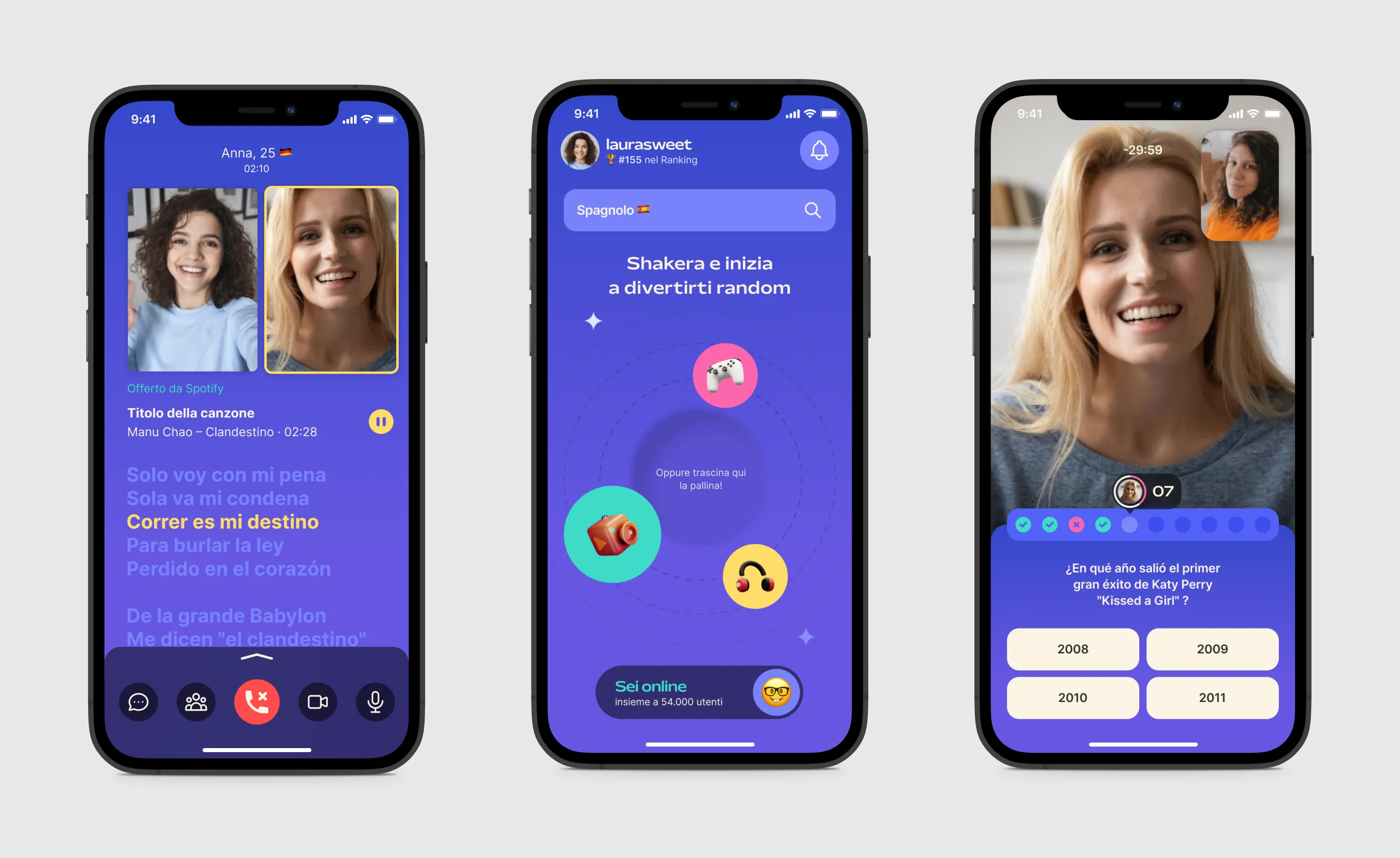 Le tre schermate principali per l'interfaccia utente dell'applicazione per iOS